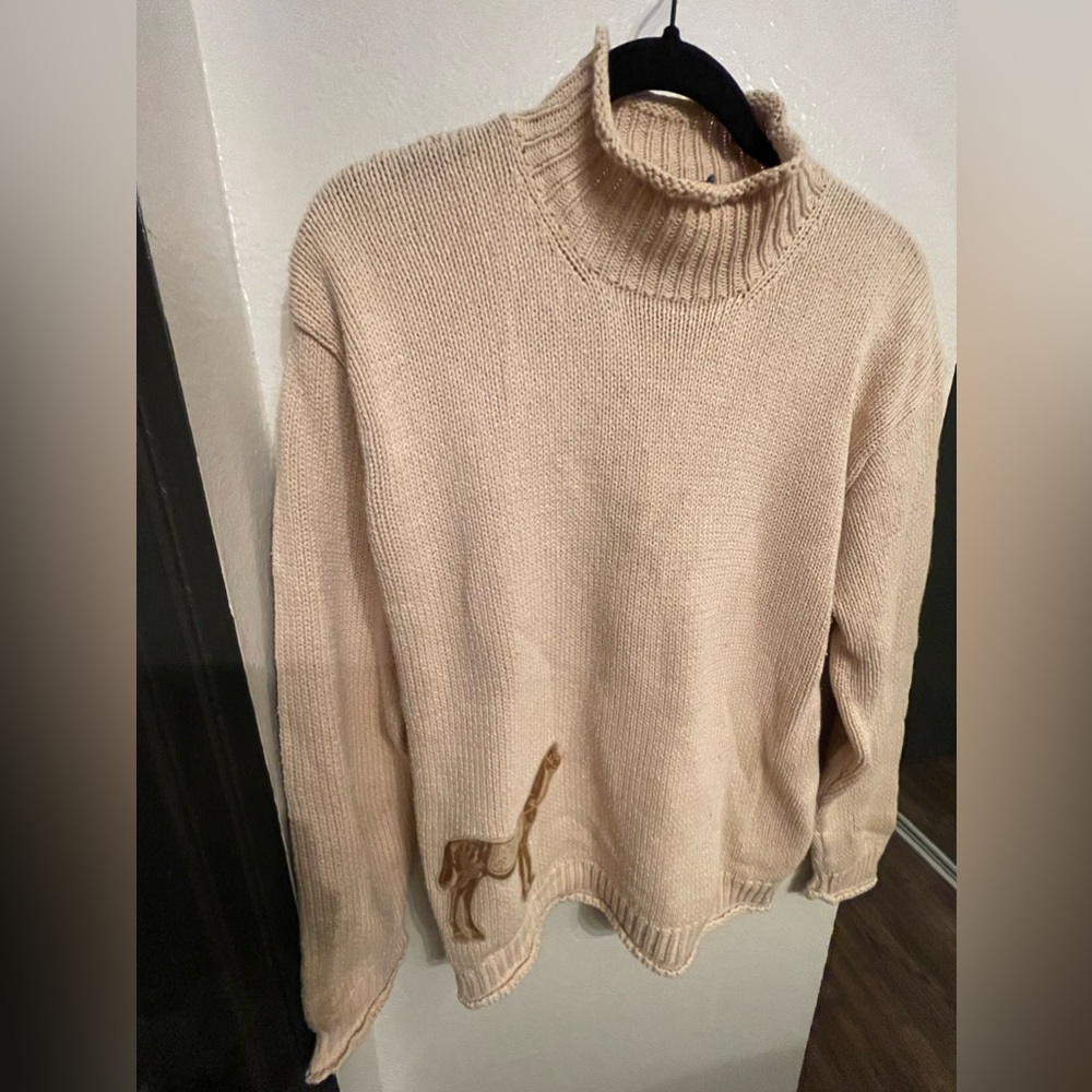 Ralph Lauren beige turtleneck sweater with elbow patches and horse detail